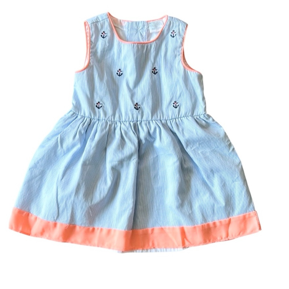 Edgehill Collection Nautical Striped Blue  White Peach Dress Baby Girl 9 months